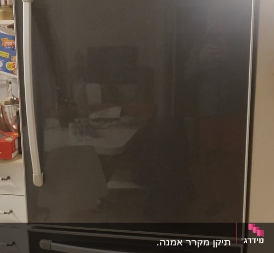 מקרר שחור עם ידיות כסופות במטבח